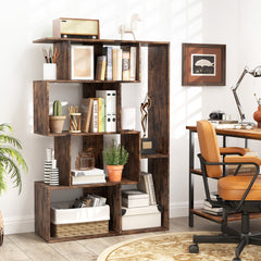 The geometric bookcase in a home office setting with a desk and chair