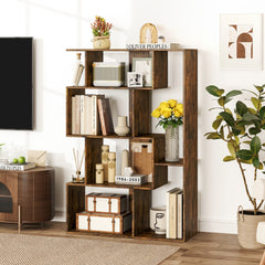 The open-back bookcase filled with books, vases, and decorative items in a living room