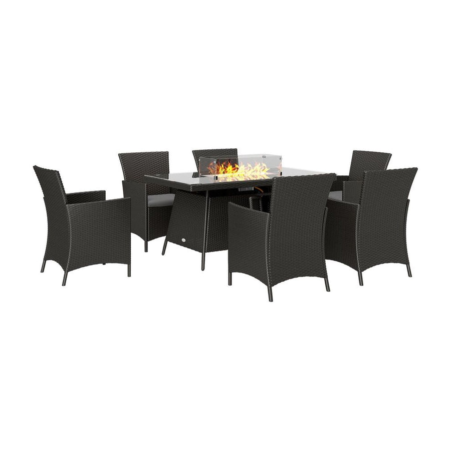 Outsunny 7 Pieces Outdoor Rattan Garden Furniture with Fire Pit Table, 6 Seater Garden Table and Chairs with Cushions, Rattan