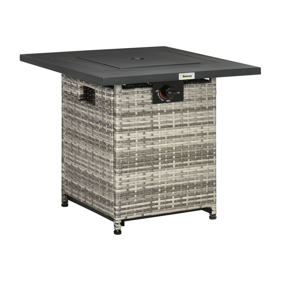 Outsunny Outdoor PE Rattan Gas Fire Pit Table, Patio Square Propane Heater with Rain Cover, Mesh Lid and Lava Stone, 40,000