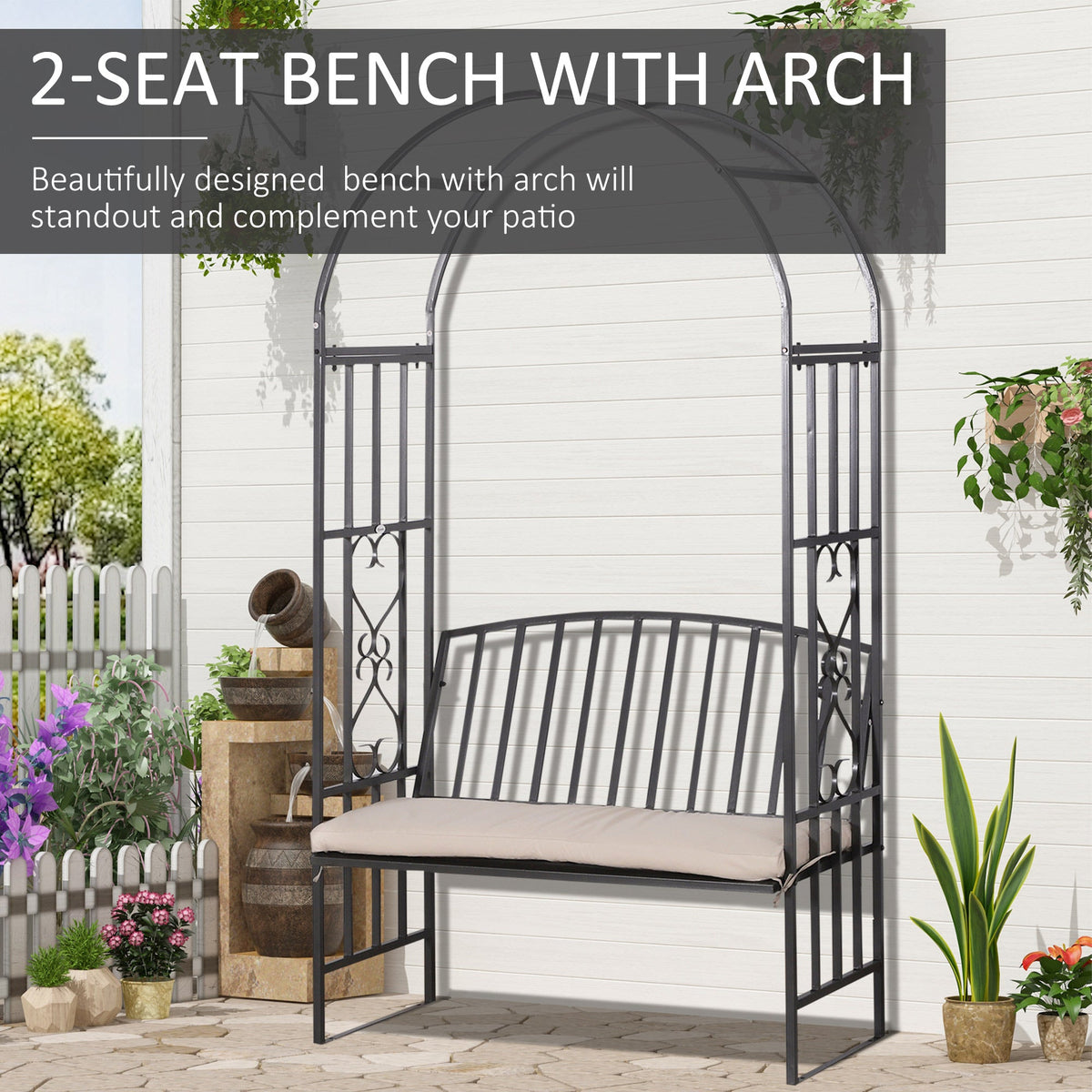 Outsunny Metal Frame Bench W/Arch, 114Lx60Wx206H cm-Grey