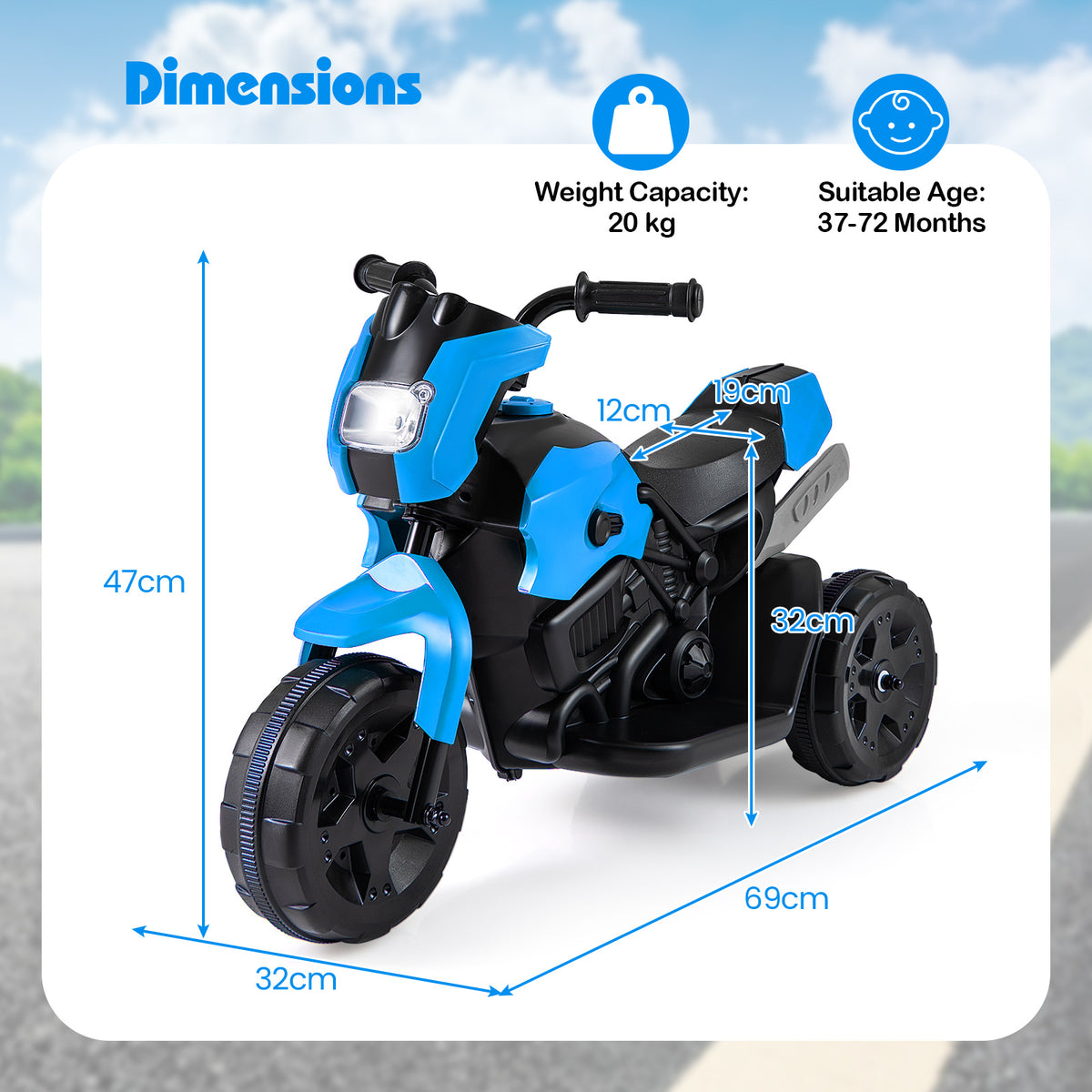 6V Kids 3-Wheel Ride on Motorbike with LED Headlight for Boys Girls Aged 37-72 Months-Navy