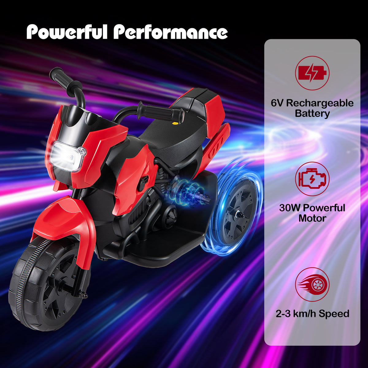 6V Kids 3-Wheel Ride on Motorbike with LED Headlight for Boys Girls Aged 37-72 Months-Red