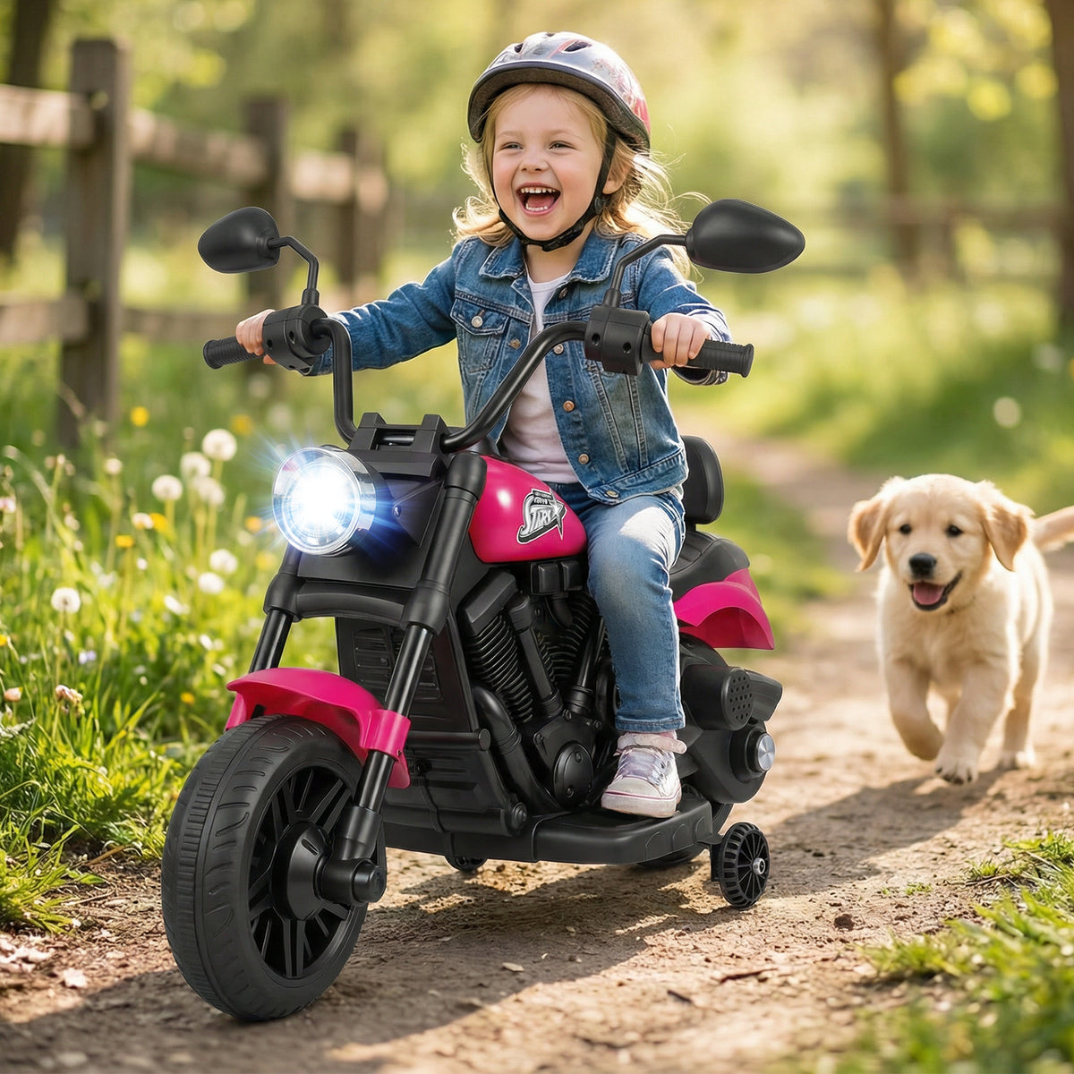 6V Kids Electric Motorbike with Detachable Training Wheels and Music-Rose