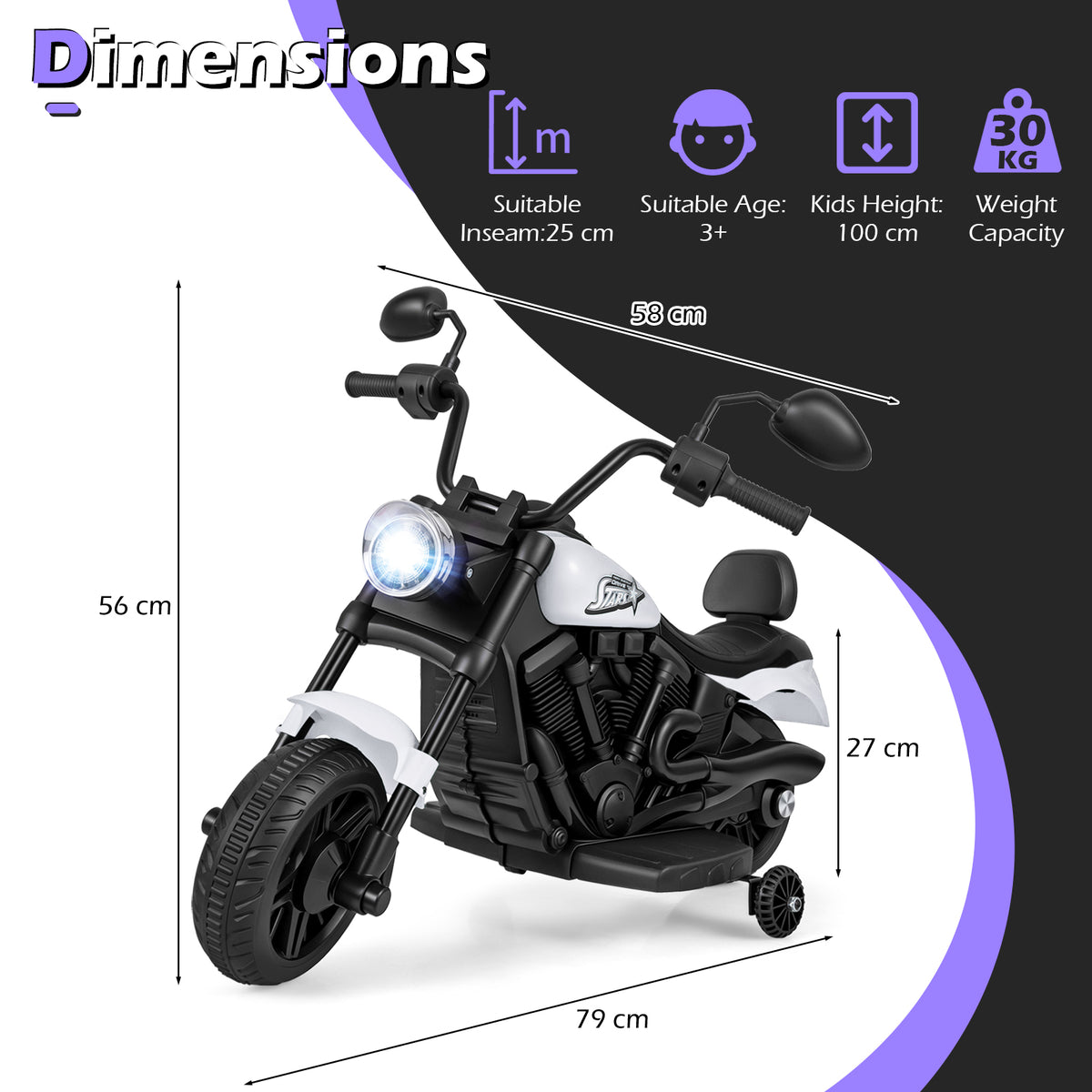 6V Kids Electric Motorbike with Detachable Training Wheels and Music-White