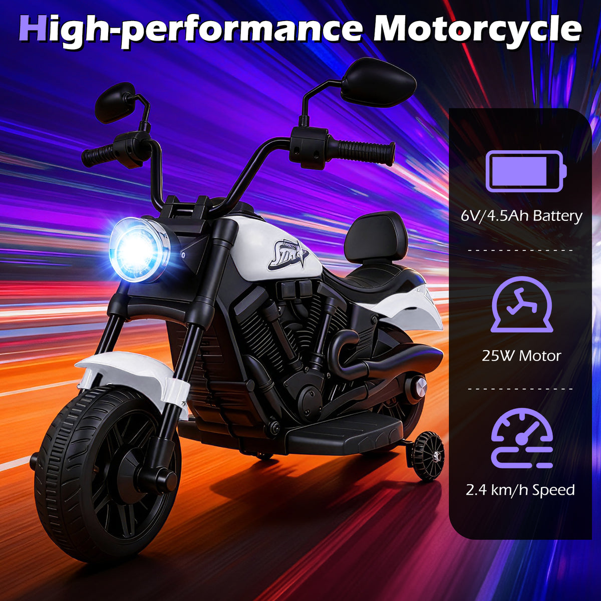 6V Kids Electric Motorbike with Detachable Training Wheels and Music-White