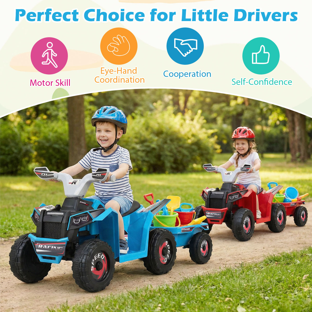6V Kids Electric Quad with Removable Back Trailer Toddler Ride On ATV-Blue