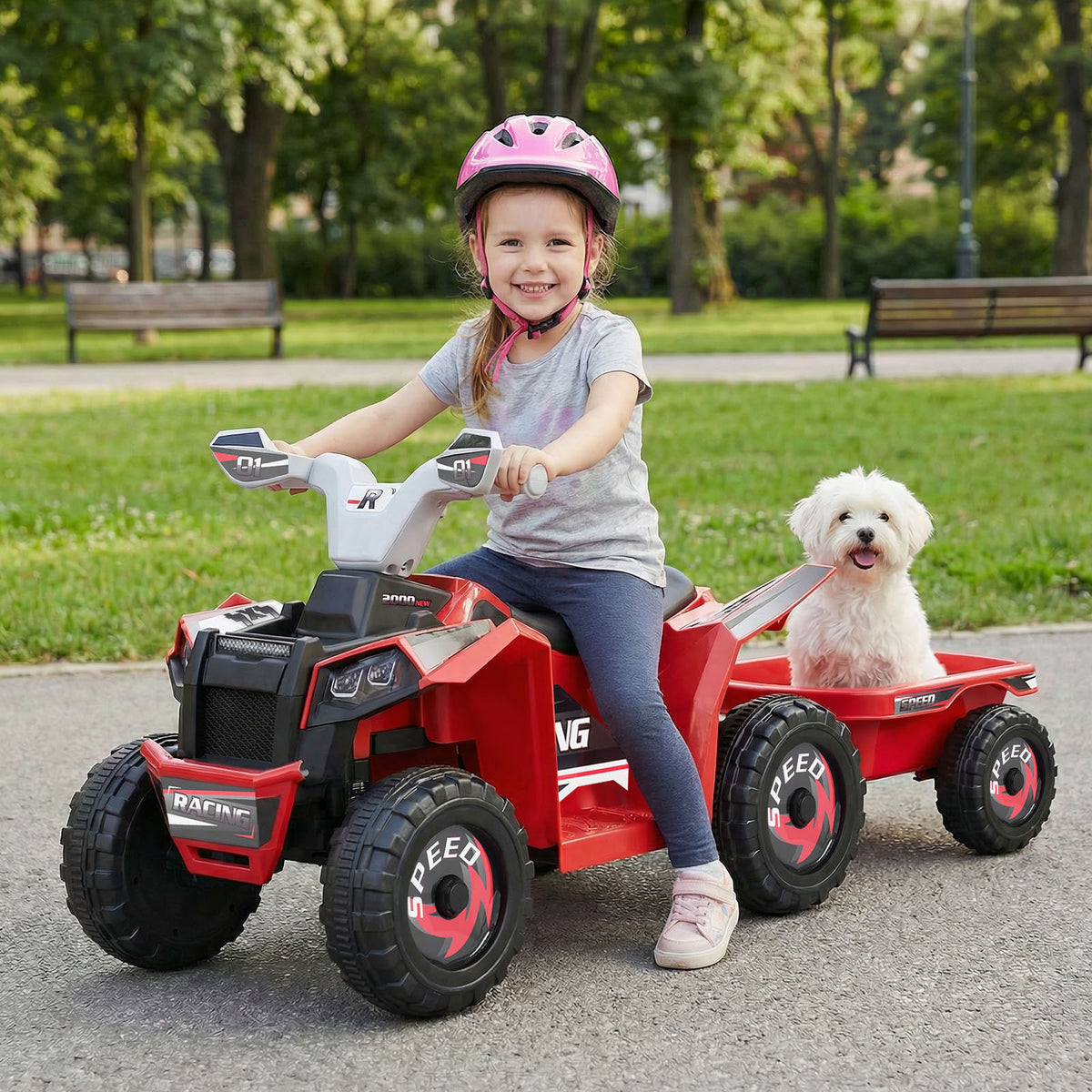 6V Kids Electric Quad with Removable Back Trailer Toddler Ride On ATV-Red