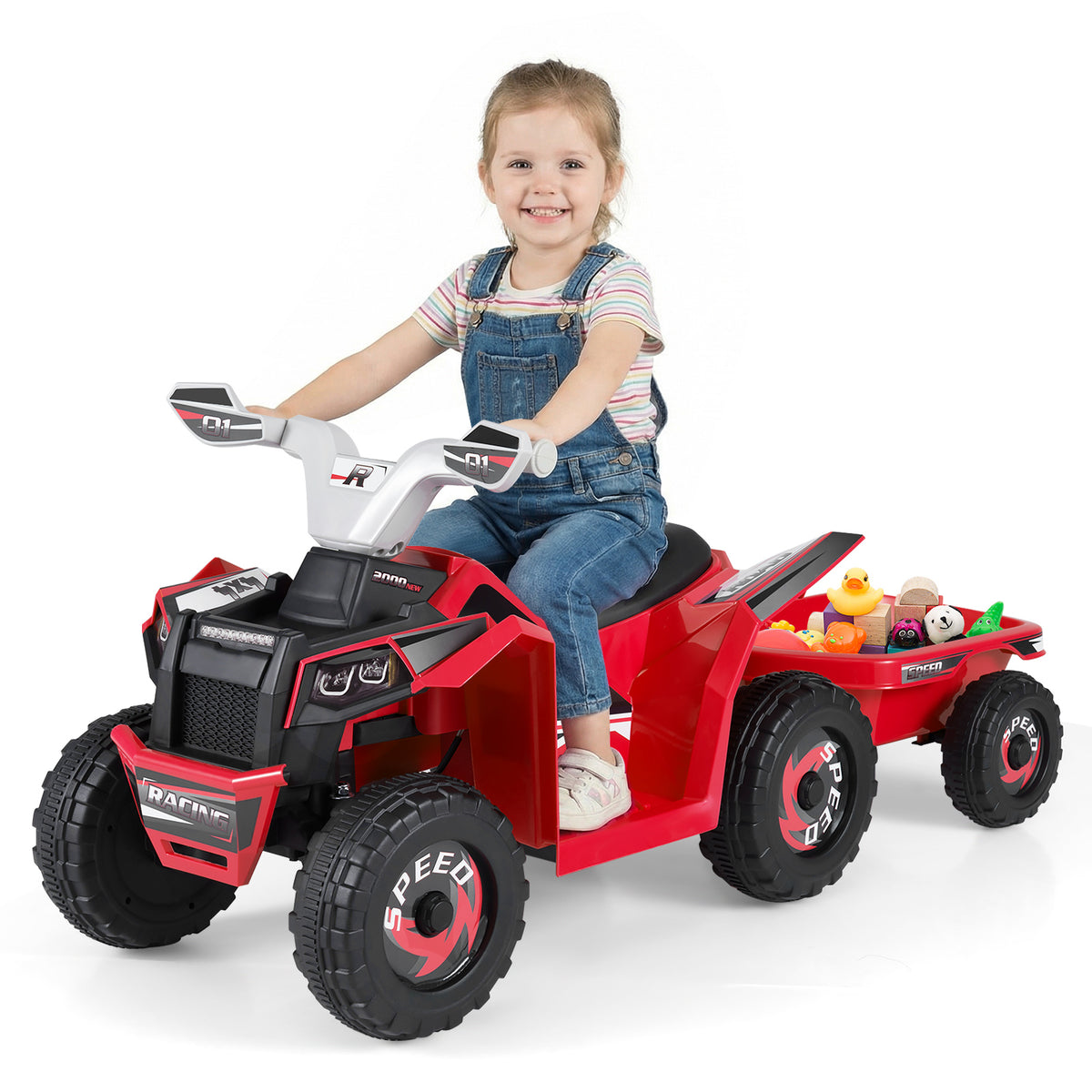 6V Kids Electric Quad with Removable Back Trailer Toddler Ride On ATV-Red