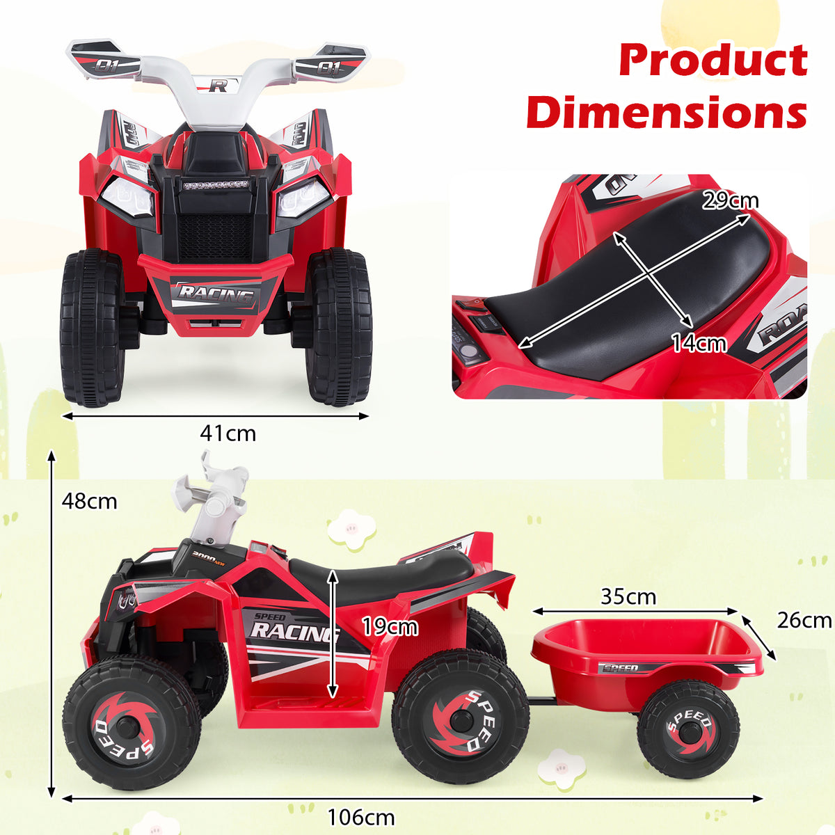 6V Kids Electric Quad with Removable Back Trailer Toddler Ride On ATV-Red