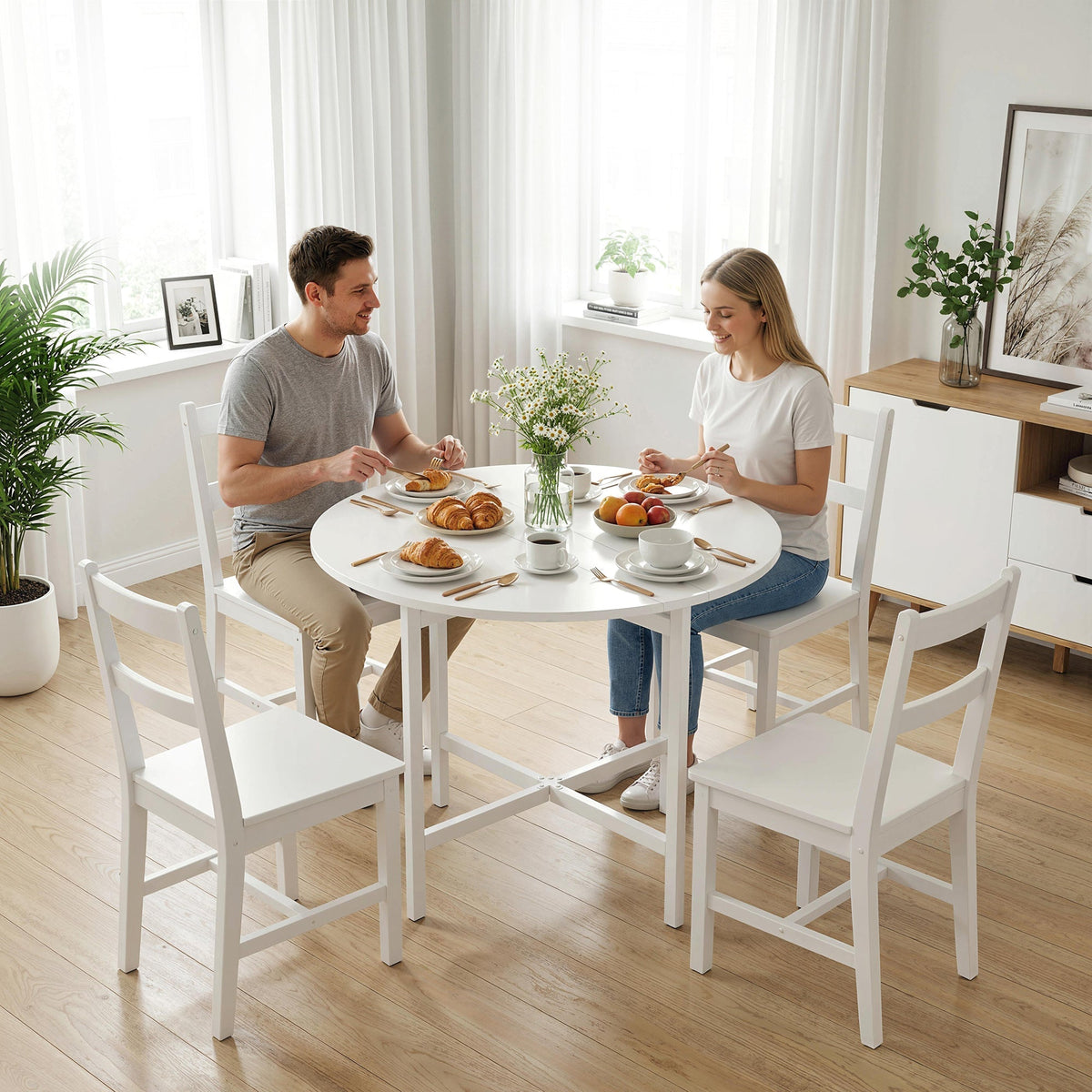 HOMCOM Collapsible Drop Leaf Table, Folding Dining Table for Small Spaces, Extendable Kitchen Table with Steel Frame, White