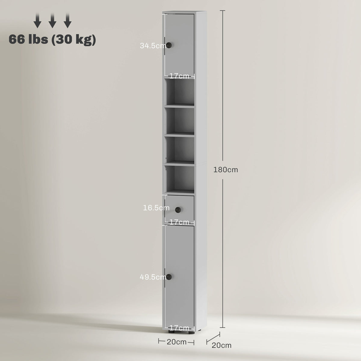 kleankin 180cm Slim Bathroom Cabinet, with Drawer, Shelves and Cupboards - Grey
