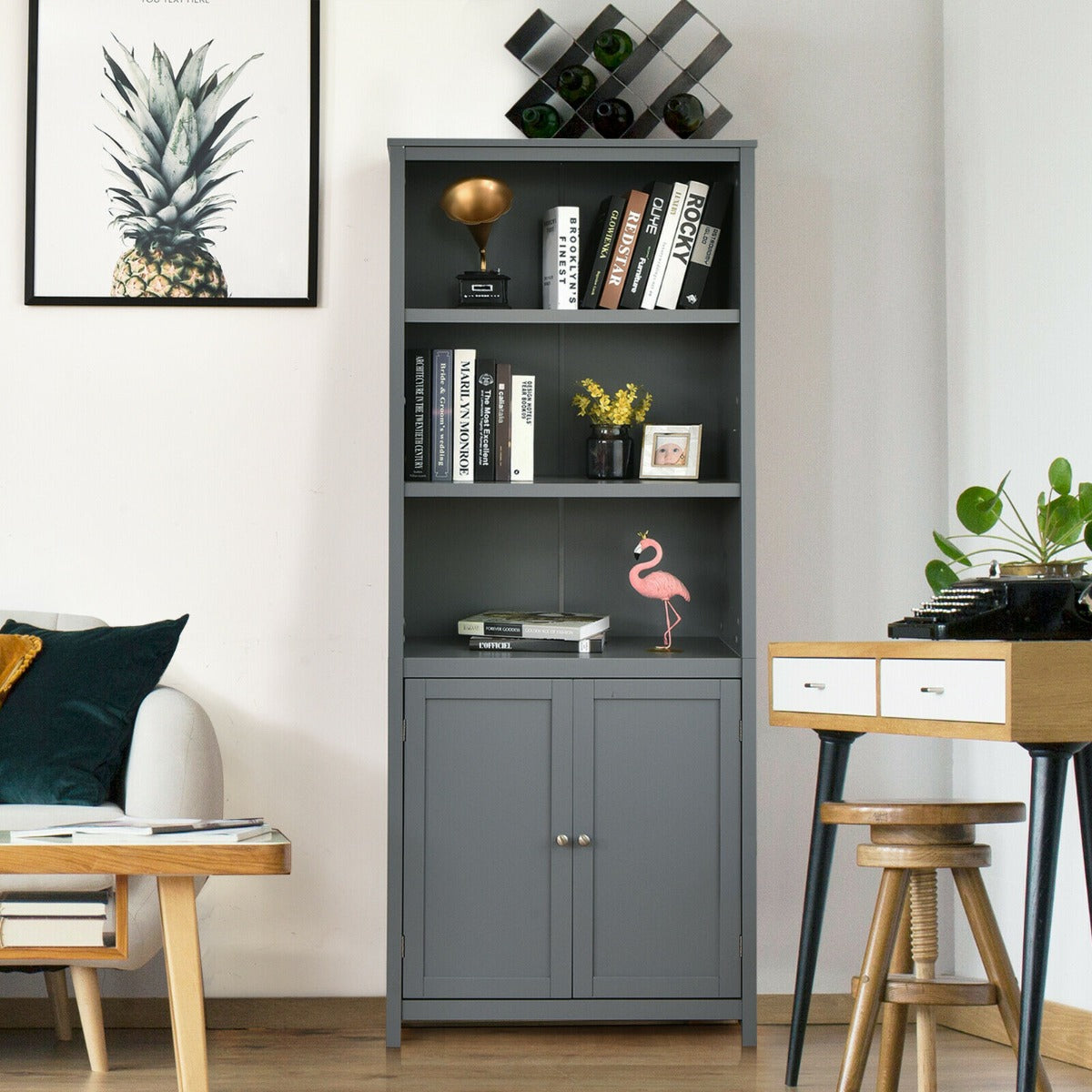 Wooden Tall Bookcase with 3-Tier Storage Cabinet-Grey