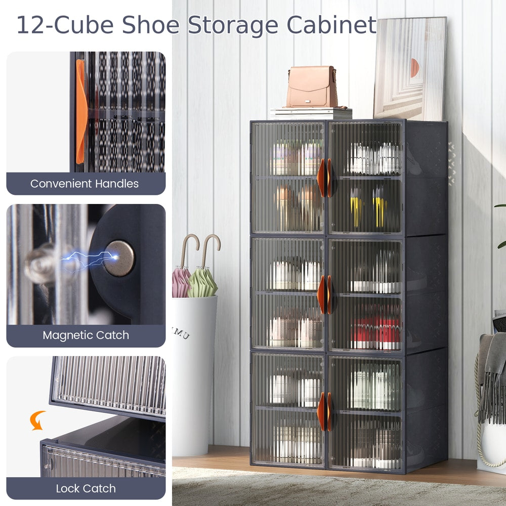 Close-ups of the shoe storage cabinet features like handles and catches