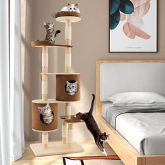 6-Tier Cat Tree Rubber Wood Cat Tower with Sisal Scratching Post-Brown
