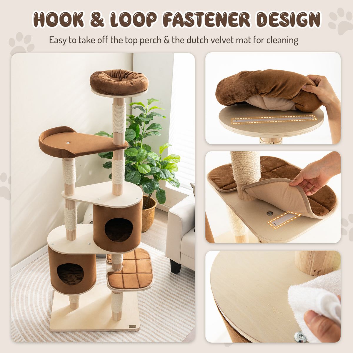 6-Tier Cat Tree Rubber Wood Cat Tower with Sisal Scratching Post-Brown