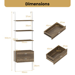 6-Tier Ladder Bookcase with 2 Drawers Wall-Mounted Bookshelf-Grey