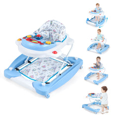 the baby walker shown in a collage of different configurations and usage stages