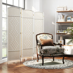 6 Panel Folding Room Divider with Hand-Woven Wicker for Home Office-White