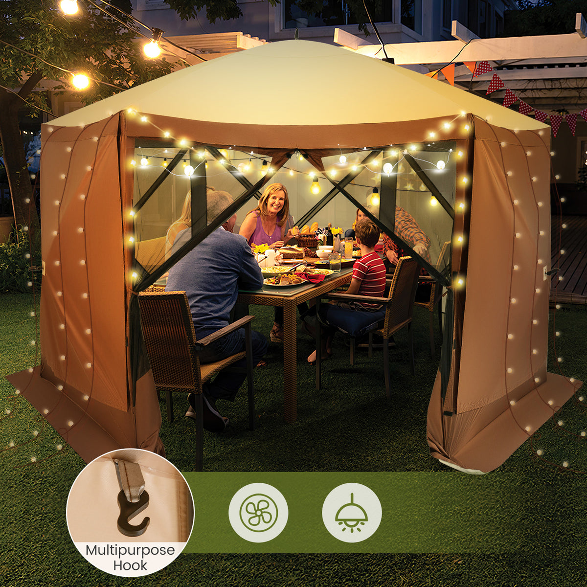 6-sided Pop-up Gazebo Tent Instant Setup Screen House Hub Tent-Coffee