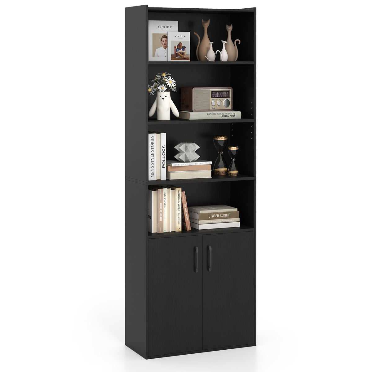 the black bookcase filled with books and ornaments, showing its modern style