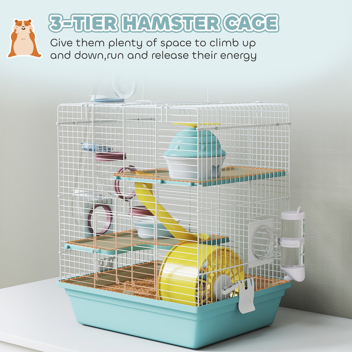 PawHut 3-Level Hamster Cage with Exercise Wheel, Water Bottle, Food Bowl, for Dwarf Hamsters, 34.5 x 27.5 x 41 cm, Blue