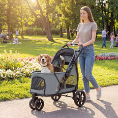 PawHut Dog Stroller, 3 Wheels Pet Stroller with Dual Entry, Easy One-Click Quick Fold, Mesh Windows, Washable Cushion