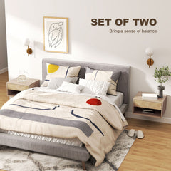 HOMCOM Set of Two Floating Bedside Tables - Natural Wood Finish