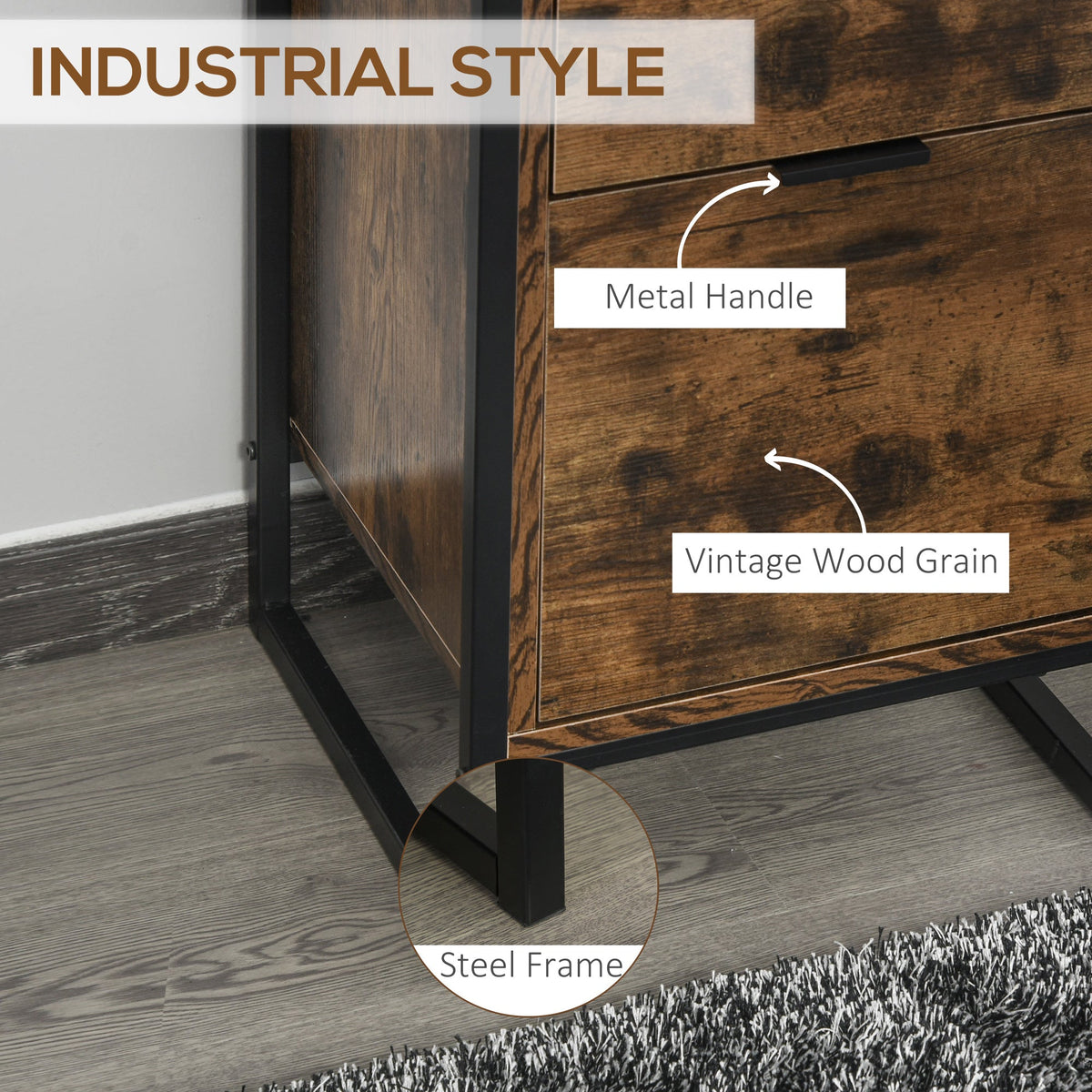 HOMCOM Bedroom Chest of Drawers Set of 2, Industrial 3-Drawer Dresser, Storage Drawers Unit with Metal Frame for Living Room, Rustic Brown