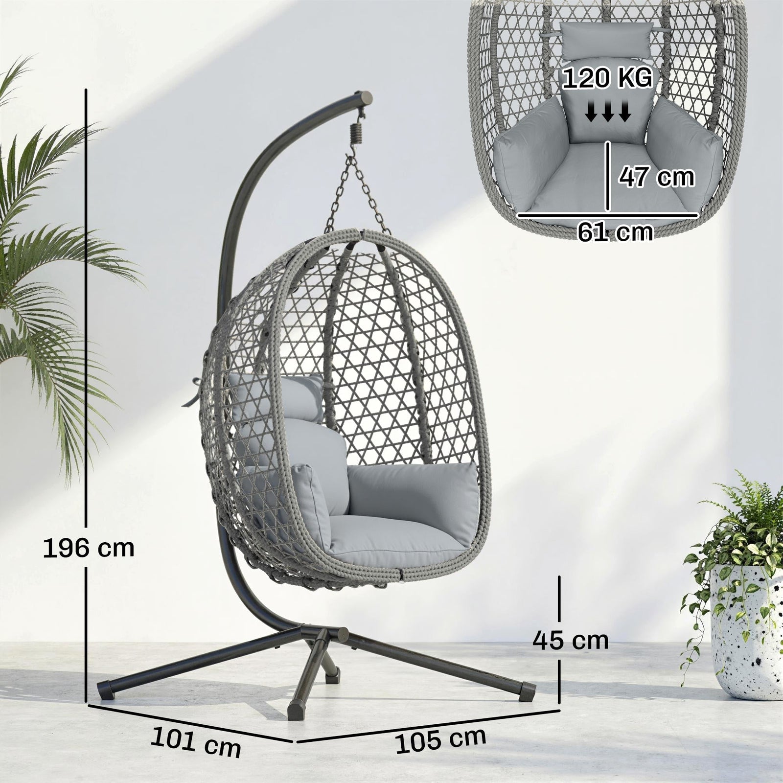 Outsunny Hanging Egg Chair, Indoor Outdoor Rattan Hammock Swing Chair with Stand, Safety Strap, Foldable Basket, Dark Grey