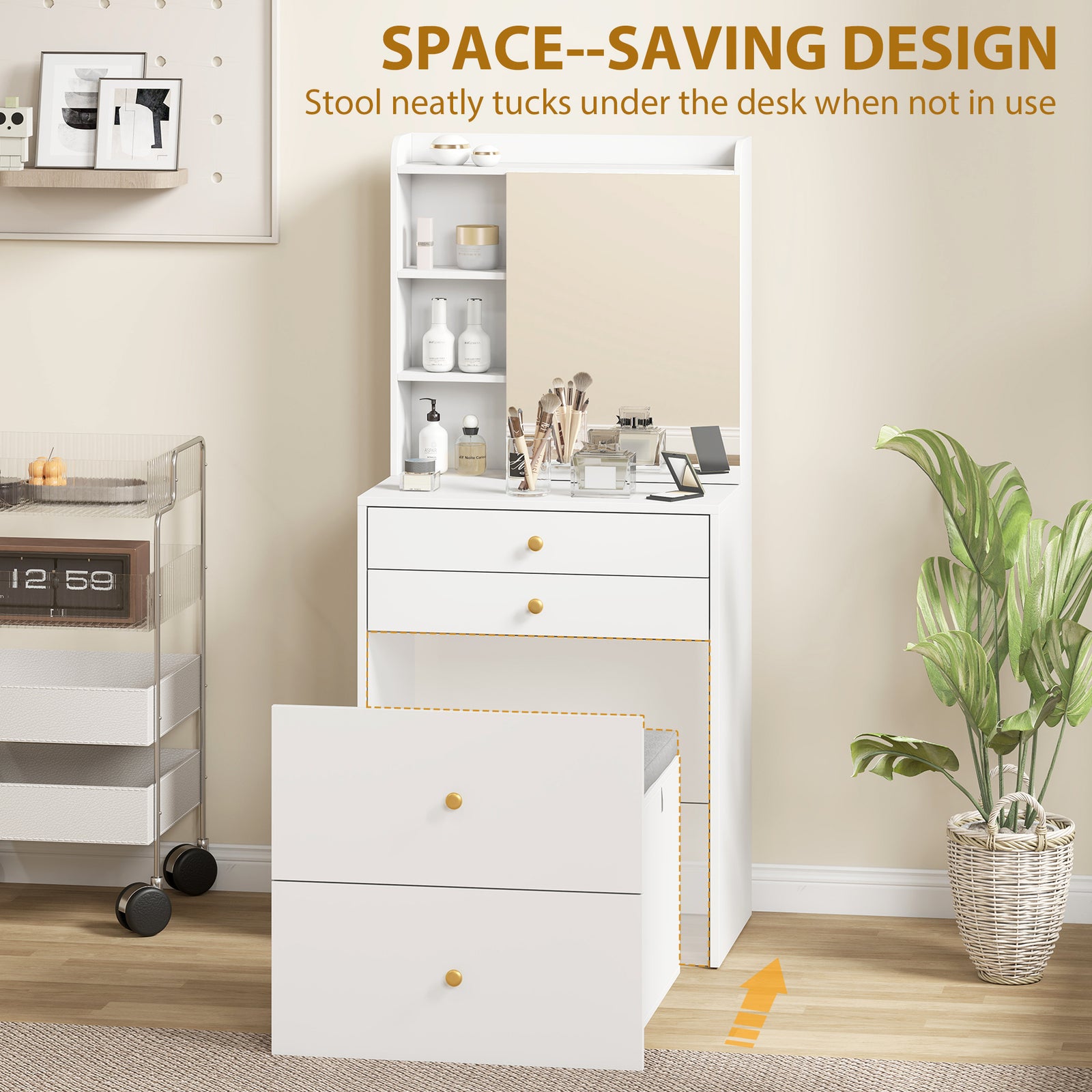 HOMCOM Dressing Table with Mirror and Mobile Storage Stool, Compact Vanity Table with Cabinet, Drawers, Open Shelves, White