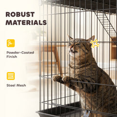 PawHut 3-Tier Large Cat Cage Indoor, Detachable Metal Wire Kennel with Hammock, Platforms, Tray and Cushions for 1-2 Kittens