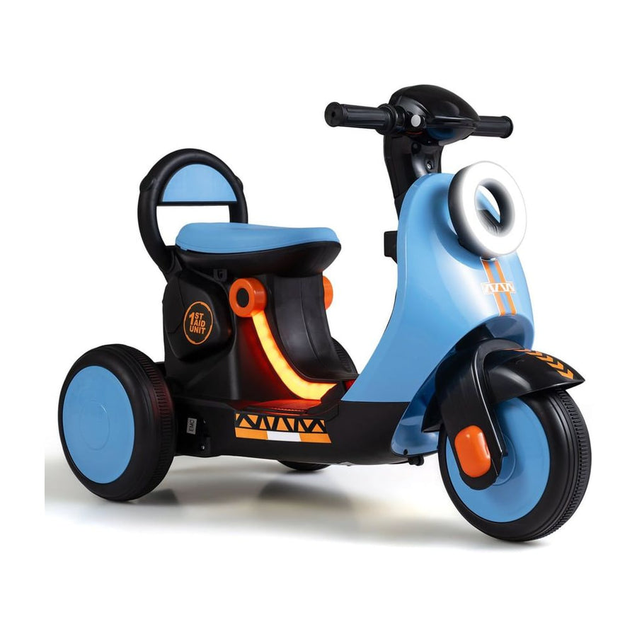 6V Battery Powered Ride on Motorcycle in blue with a light-up deck and black wheels