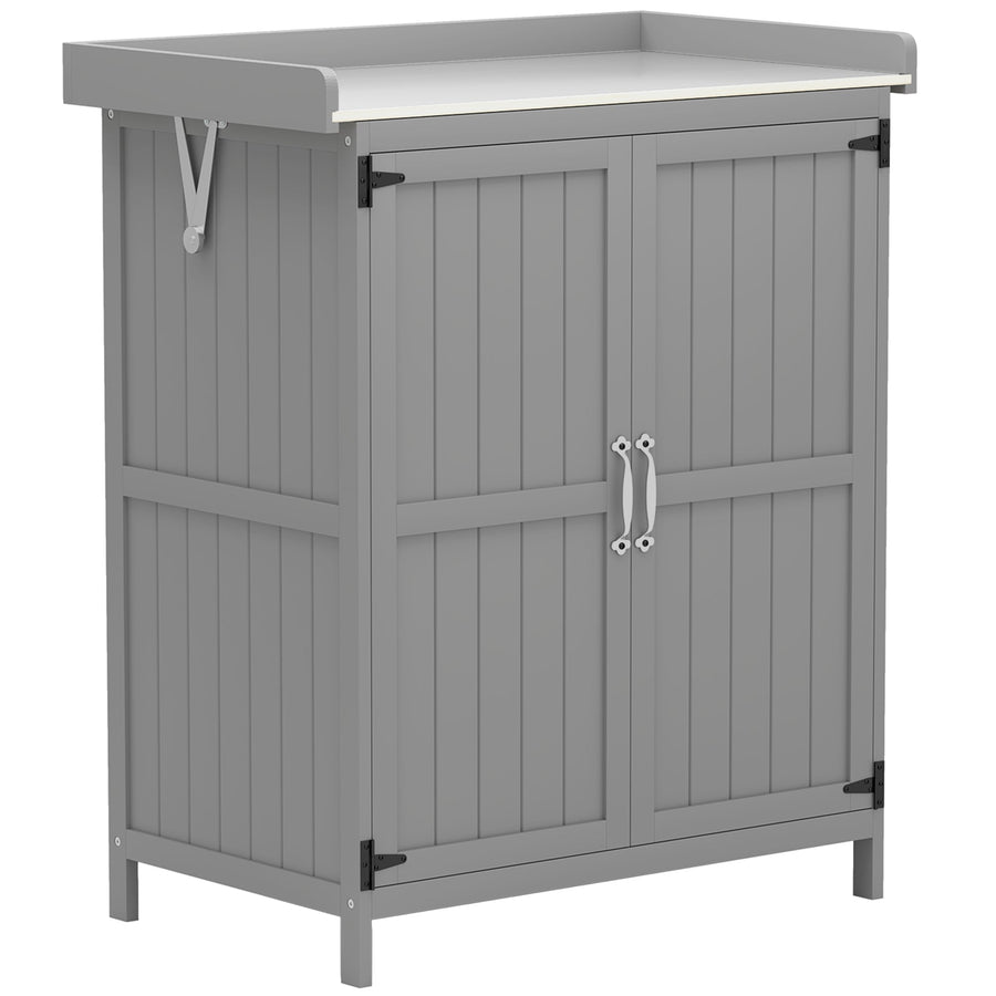 Outsunny Wooden Garden Shed, Garden Tool Storage Shed with Hinged Roof and Shelf, Outdoor Storage Cabinet with Double Doors