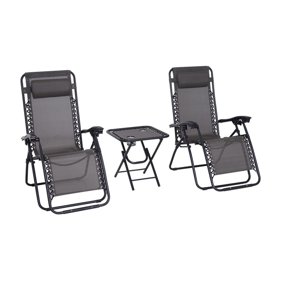Outsunny 3pcs Folding Zero Gravity Chairs Sun Lounger Table Set w/ Cup Holders Reclining Garden Yard Pool, Dark Grey