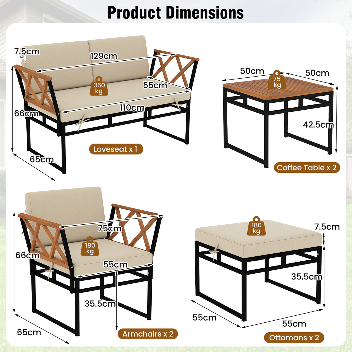 7 Piece Outdoor Conversation Set with Ottomans for Porch-Beige