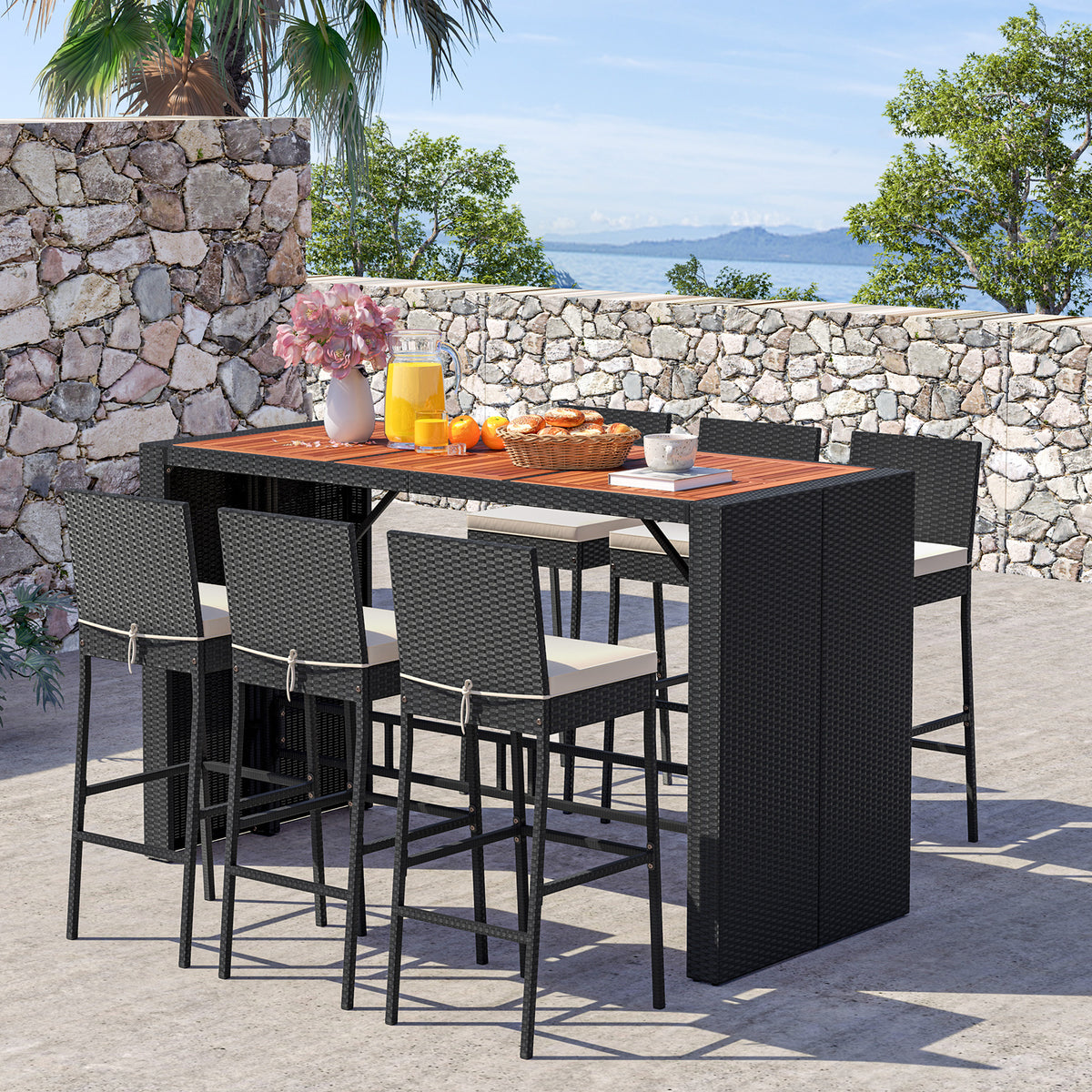 7-Piece Patio Bar Dining Set PE Rattan Furniture Set with Acacia Wood Tabletop and Soft Cushions-White