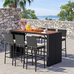 7-Piece Patio Bar Dining Set PE Rattan Furniture Set with Acacia Wood Tabletop and Soft Cushions-White