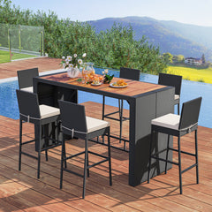 7-Piece Patio Bar Dining Set PE Rattan Furniture Set with Acacia Wood Tabletop and Soft Cushions-White