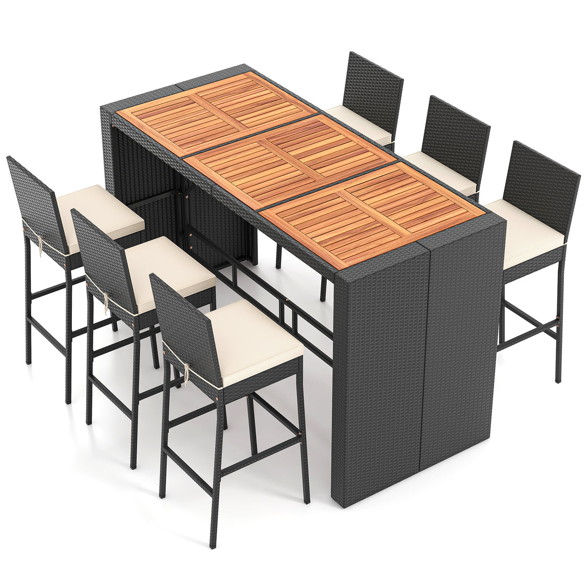 7-Piece Patio Bar Dining Set PE Rattan Furniture Set with Acacia Wood Tabletop and Soft Cushions-White