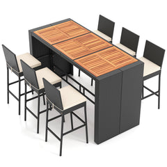 7-Piece Patio Bar Dining Set PE Rattan Furniture Set with Acacia Wood Tabletop and Soft Cushions-White