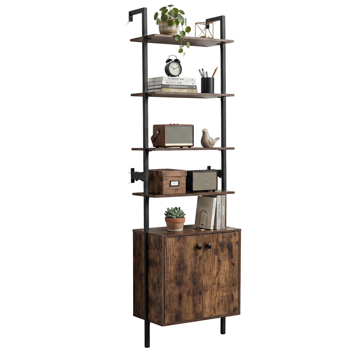 7-Tier Ladder Bookshelf with 2-Door Cabinet and 4 Shelves-Rustic Brown