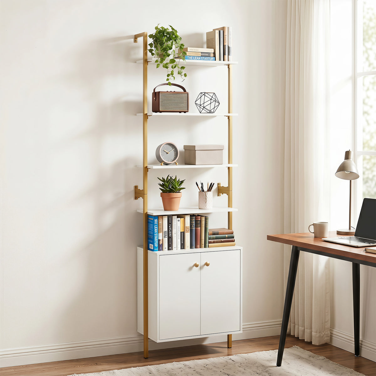 7-Tier Ladder Bookshelf with 2-Door Cabinet and 4 Shelves-White