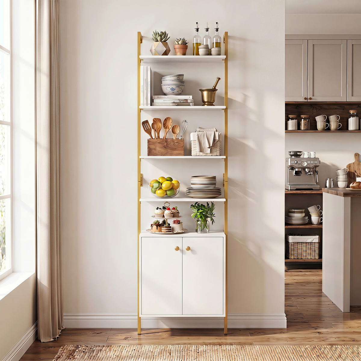 7-Tier Ladder Bookshelf with 2-Door Cabinet and 4 Shelves-White