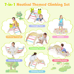 7-in-1 Triangle Set for Kids Frog Climbing Frame with Ramp and Foldable Triangle-Colorful