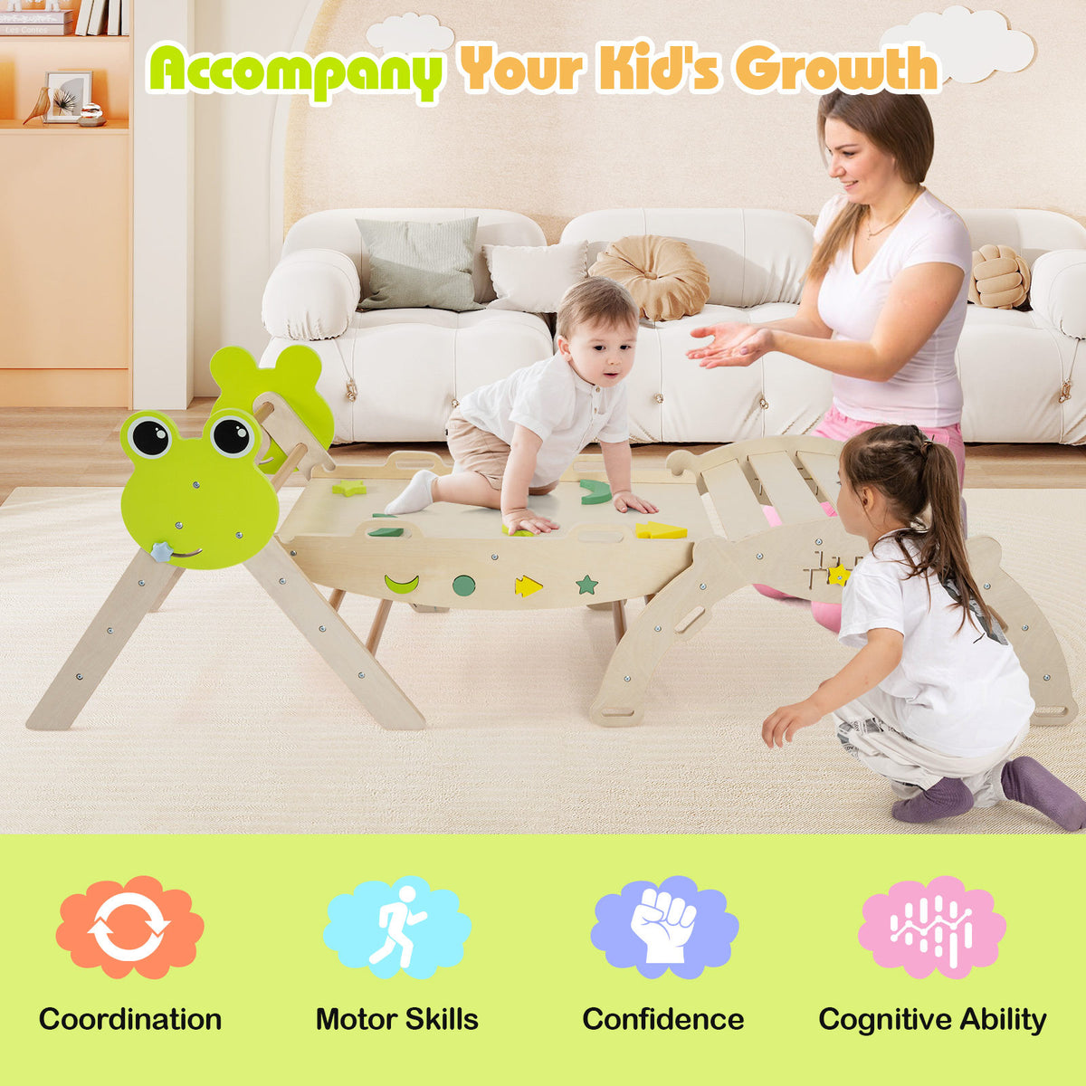 7-in-1 Triangle Set for Kids Frog Climbing Frame with Ramp and Foldable Triangle-Natural