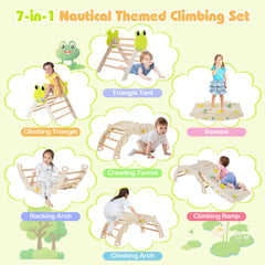 7-in-1 Triangle Set for Kids Frog Climbing Frame with Ramp and Foldable Triangle-Natural