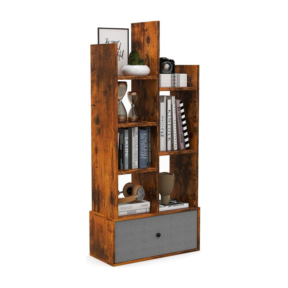 7-Tier Wooden Bookshelf with folding drawer in rustic brown, shown against a white background