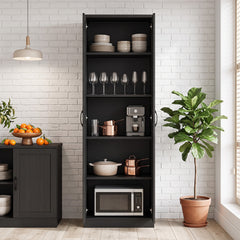 The tall cabinet standing against a white brick wall with shelves holding kitchenware and a microwave