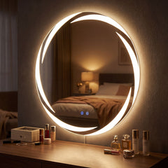 The illuminated round mirror above a dressing table with cosmetics and jewellery